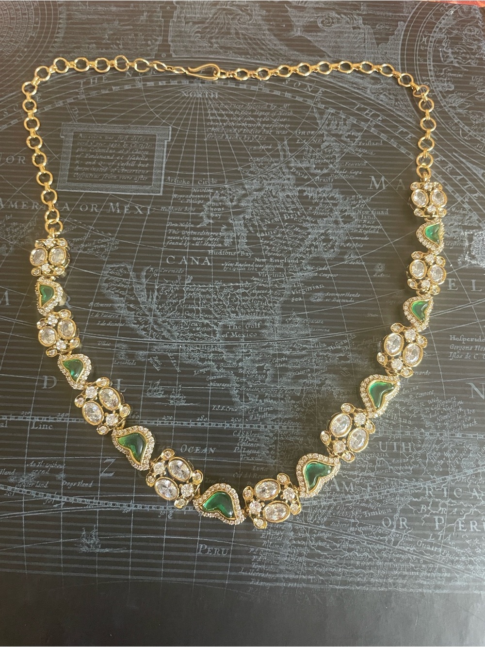 Gold Tone Green and Clear Crystal Statement Necklace